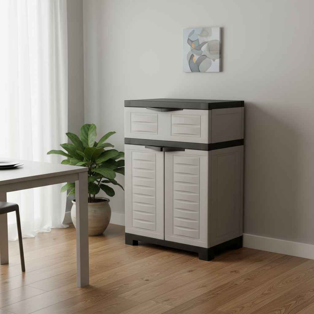 35" Gray Heavy Duty Plastic Two Door One Drawer Utility Cabinet