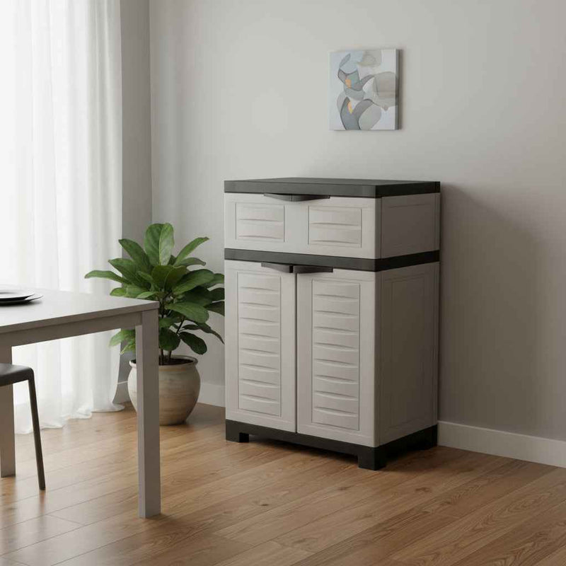 35" Gray Heavy Duty Plastic Two Door One Drawer Utility Cabinet