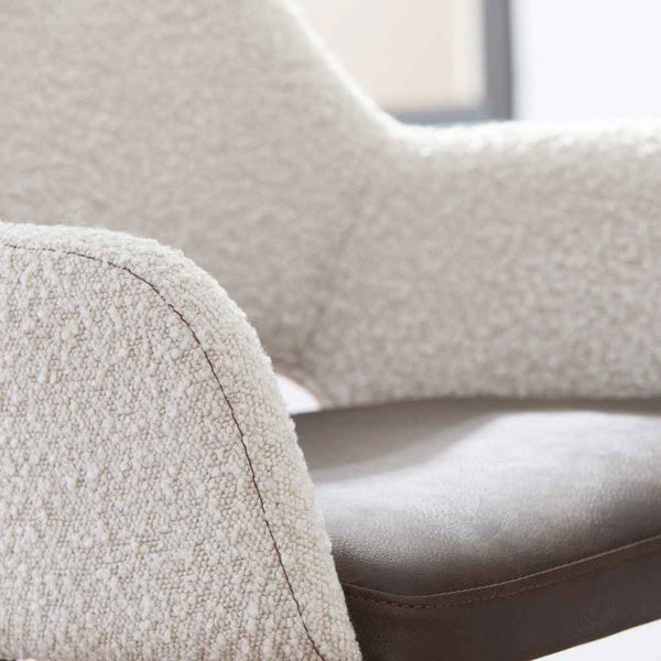 30" Ivory Brown And Black Boucle Faux Leather And Steel Bar Height Swivel Bar Chair