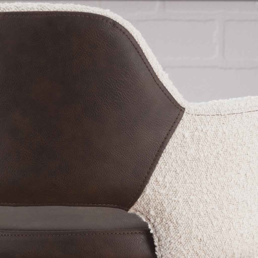 30" Ivory Brown And Black Boucle Faux Leather And Steel Bar Height Swivel Bar Chair