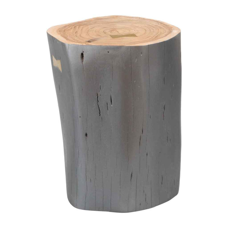 22" Gray Wood and Solid Wood Round Drum End Table
