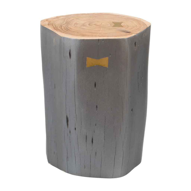 22" Gray Wood and Solid Wood Round Drum End Table