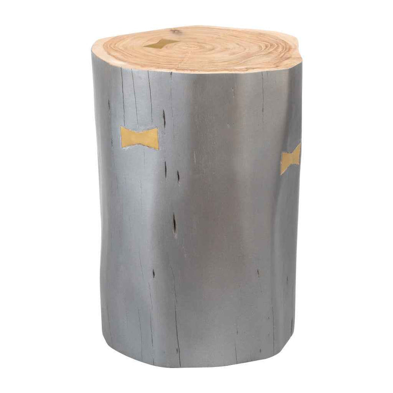 22" Gray Wood and Solid Wood Round Drum End Table