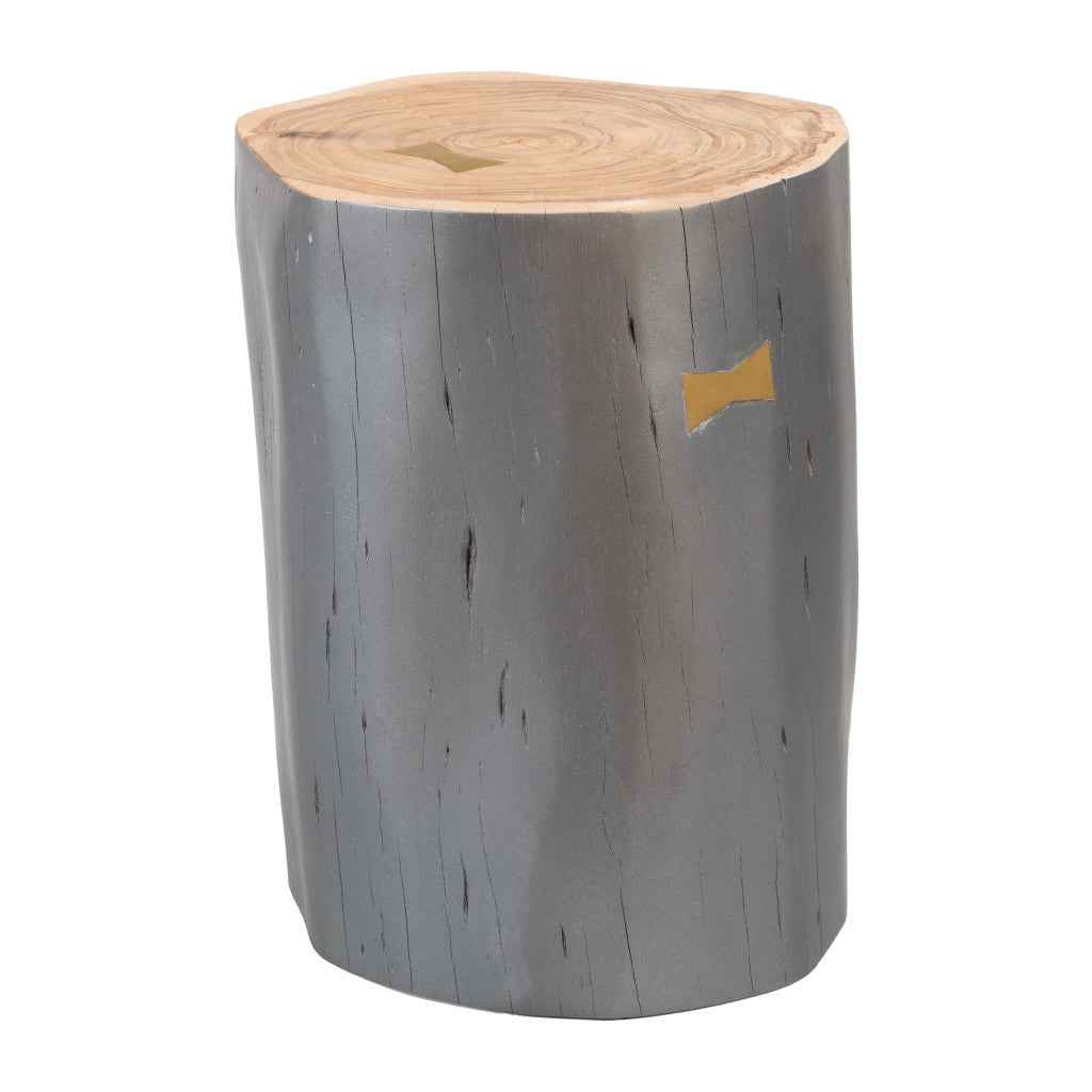 22" Gray Wood and Solid Wood Round Drum End Table