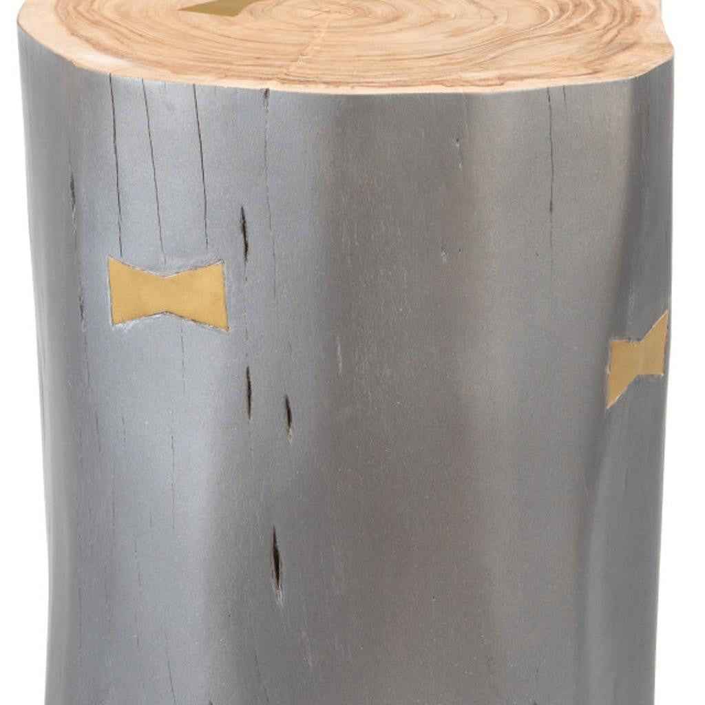 22" Gray Wood and Solid Wood Round Drum End Table