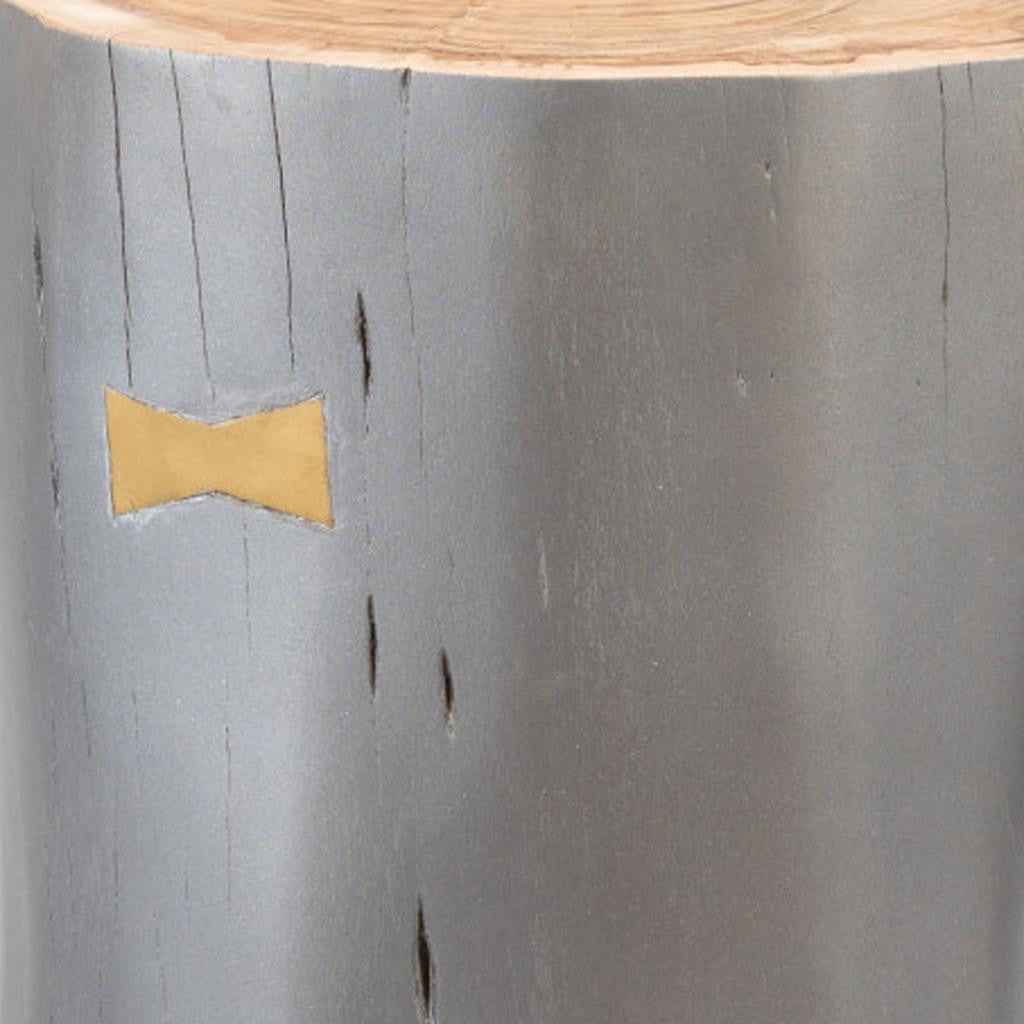 22" Gray Wood and Solid Wood Round Drum End Table