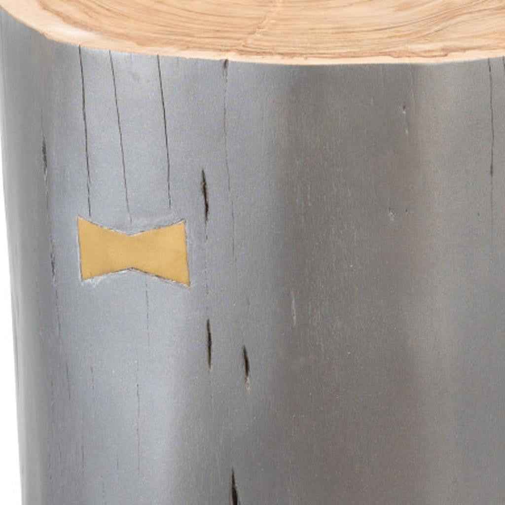 22" Gray Wood and Solid Wood Round Drum End Table