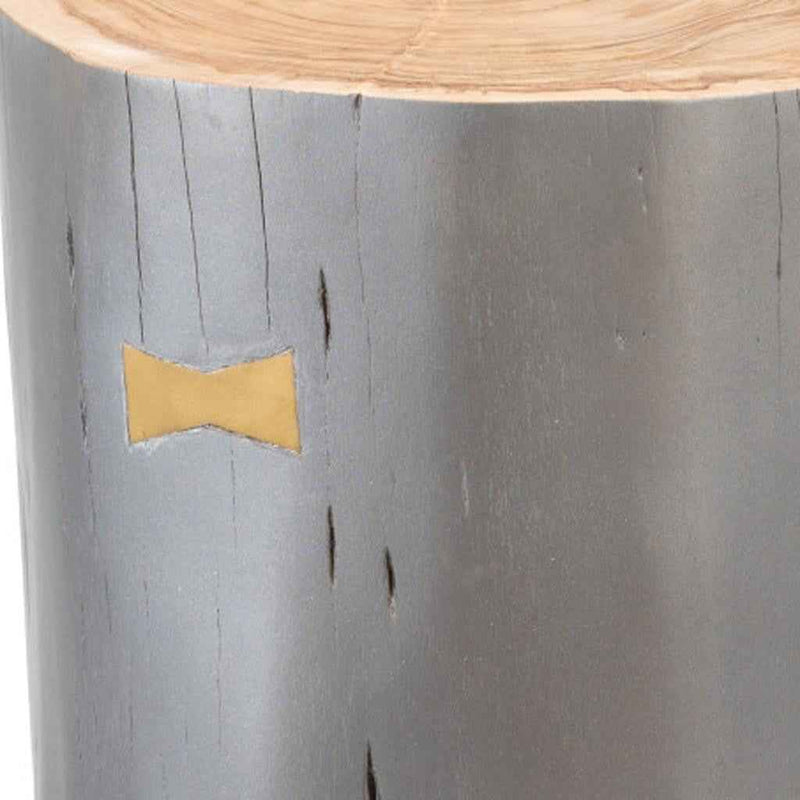 22" Gray Wood and Solid Wood Round Drum End Table