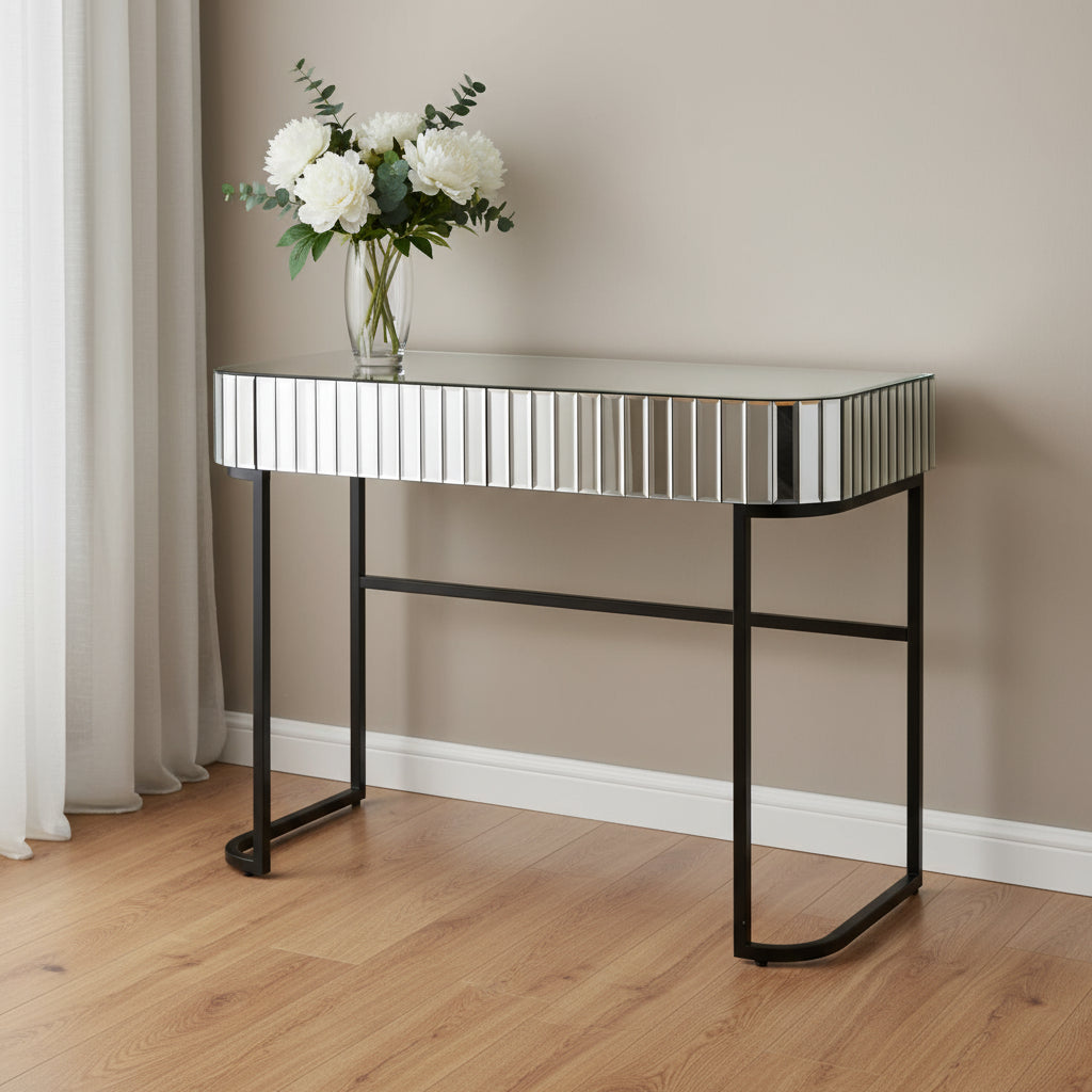 39" Silver And Black Mirrored Glass and Stainless Steel Two Drawer Vanity Table