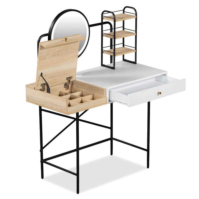 41" Black Natural And White Wood and Iron Vanity Table With Mirror And Lights