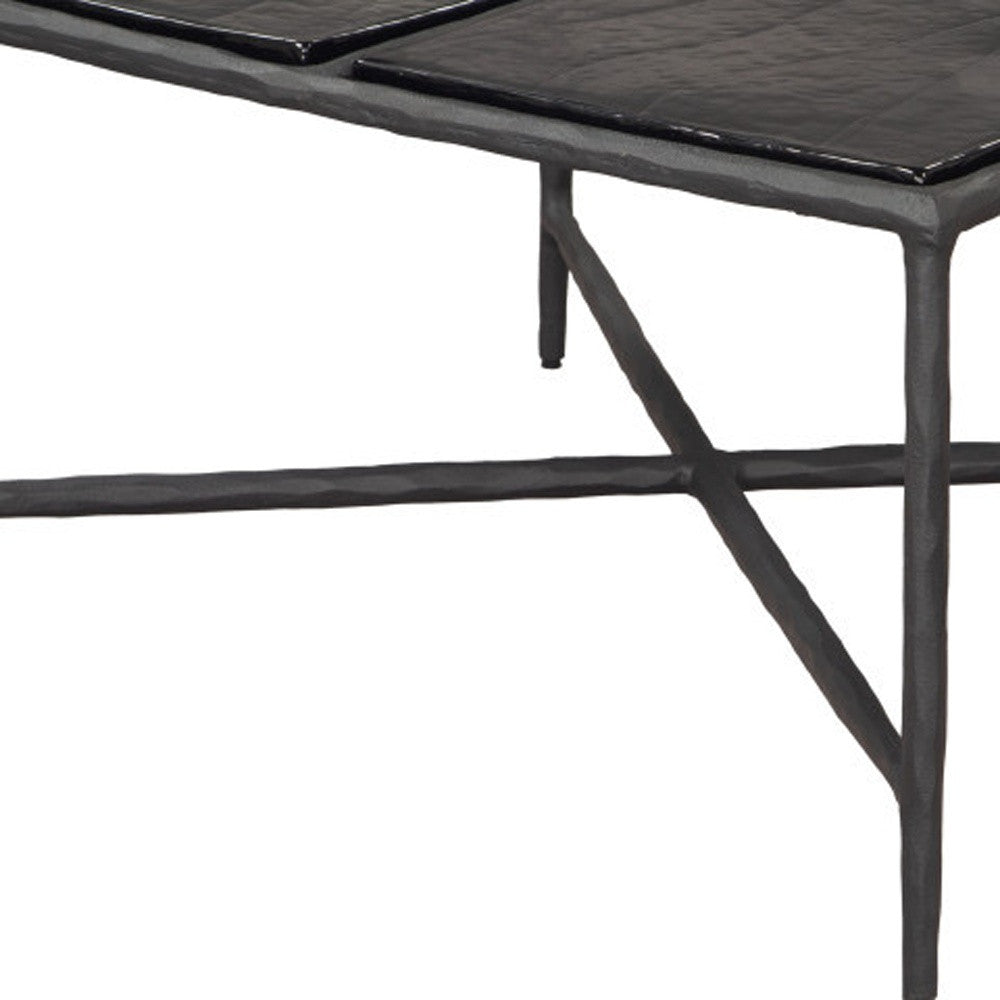 Black aluminum coffee table base with cross brace and glossy glass panel top