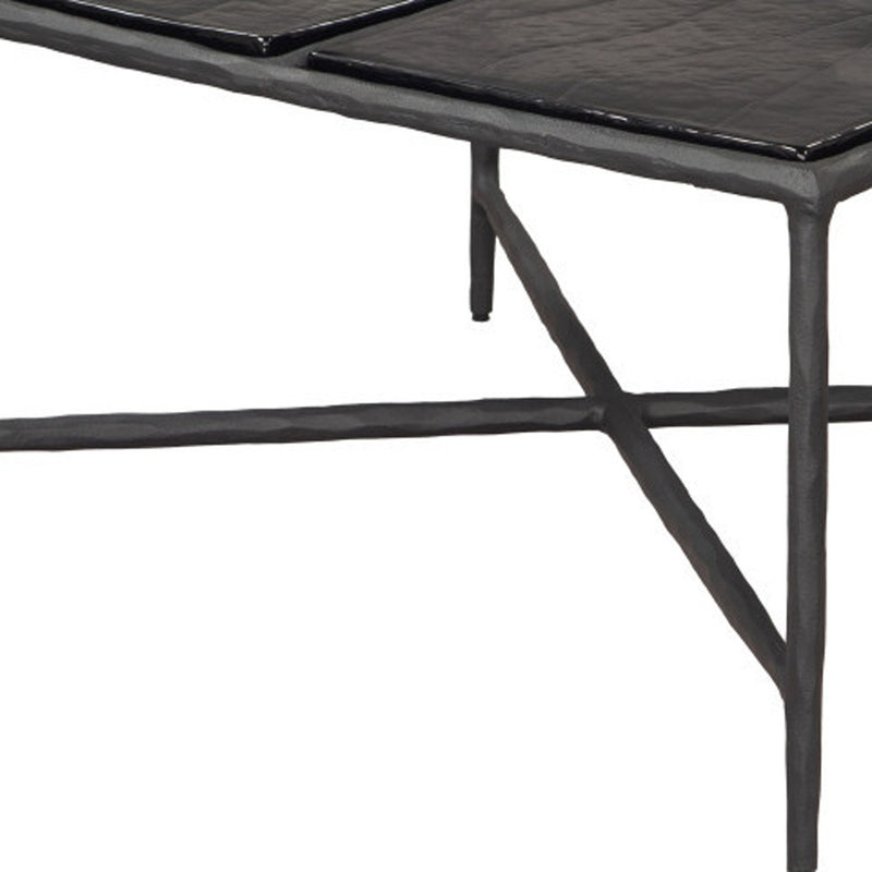 Black aluminum coffee table base with cross brace and glossy glass panel top