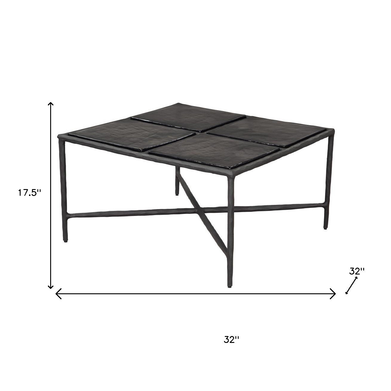 31 in black square glass coffee table with aluminum frame; 17.5 in height shown