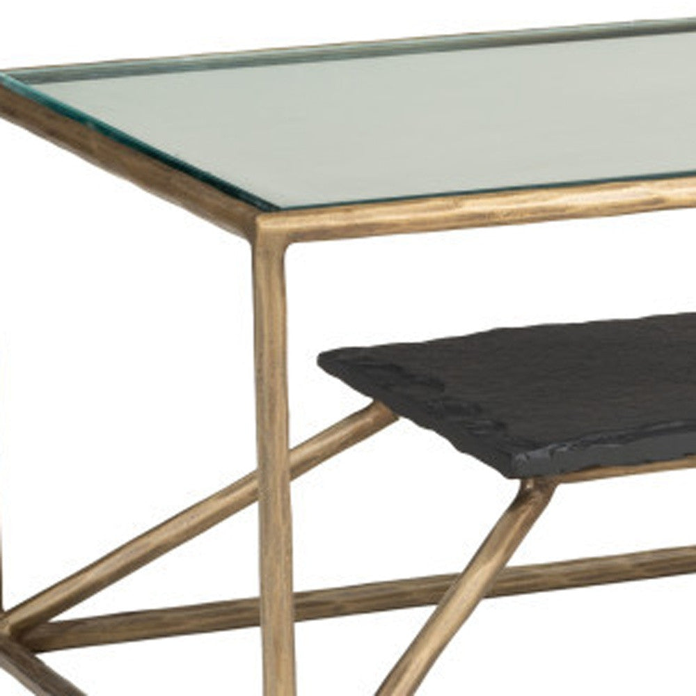 Brass iron coffee table frame corner with clear glass top and black slate tray