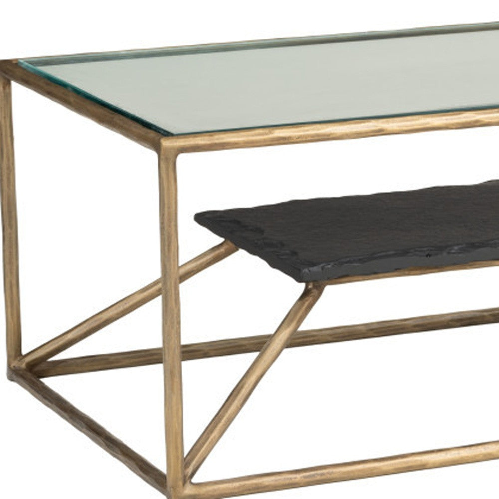 Brass iron frame side view with clear glass top and black slate tray