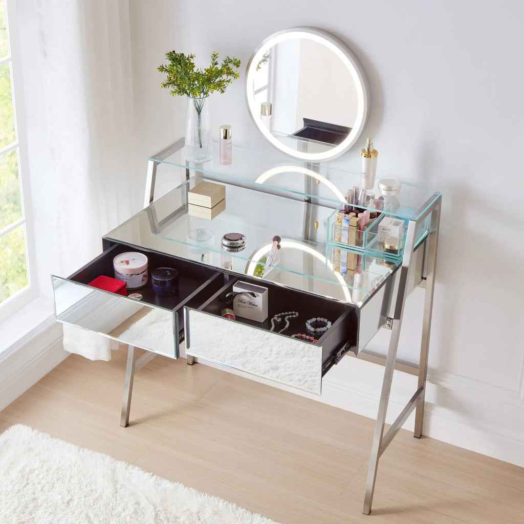 34" Silver Mirrored Glass and Stainless Steel Two Drawer Vanity Table With Mirror And Lights