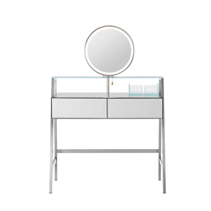 34" Silver Mirrored Glass and Stainless Steel Two Drawer Vanity Table With Mirror And Lights