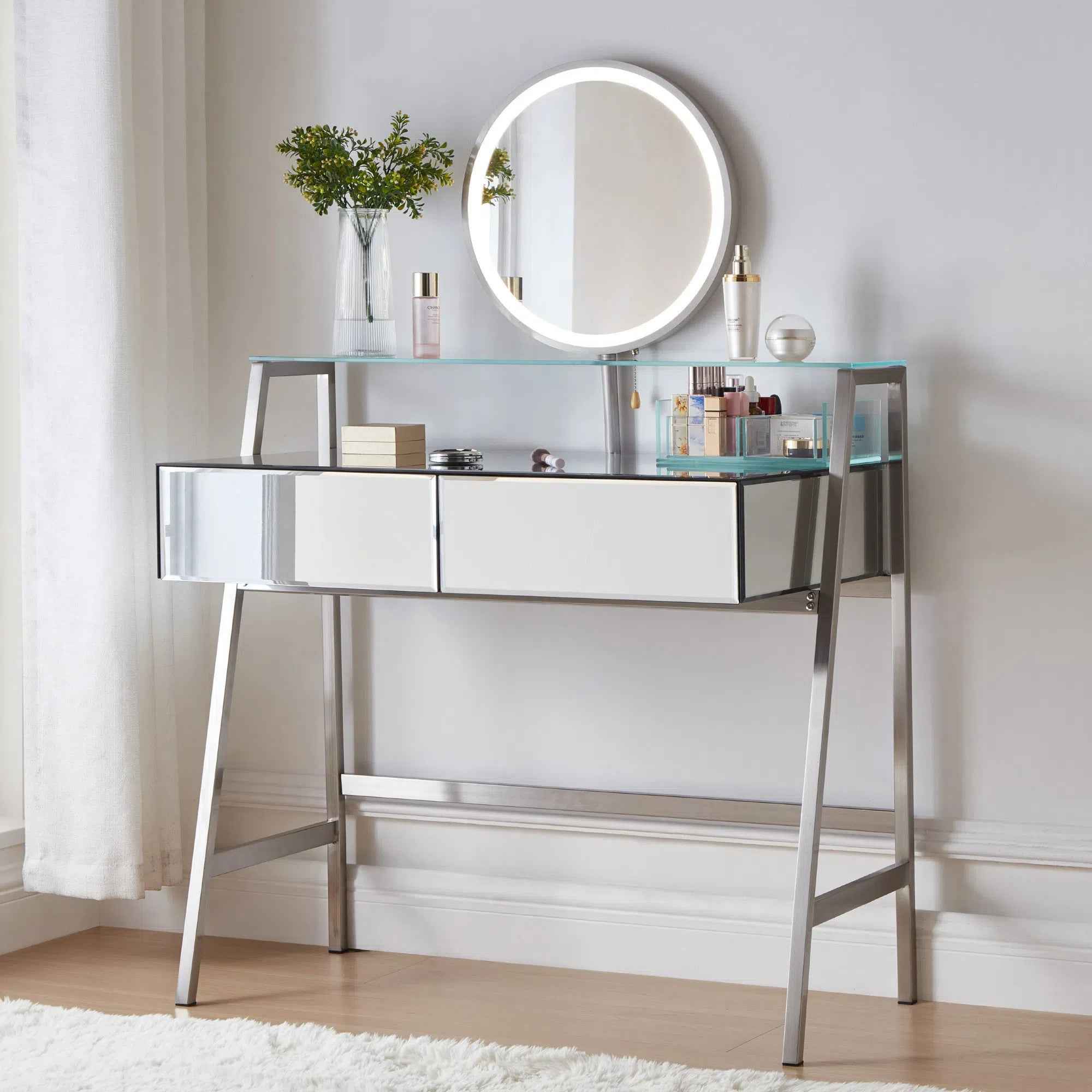 34" Silver Mirrored Glass and Stainless Steel Two Drawer Vanity Table With Mirror And Lights