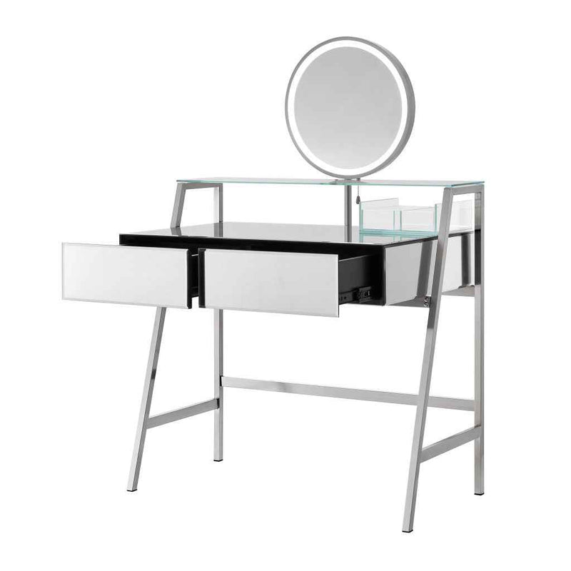 34" Silver Mirrored Glass and Stainless Steel Two Drawer Vanity Table With Mirror And Lights