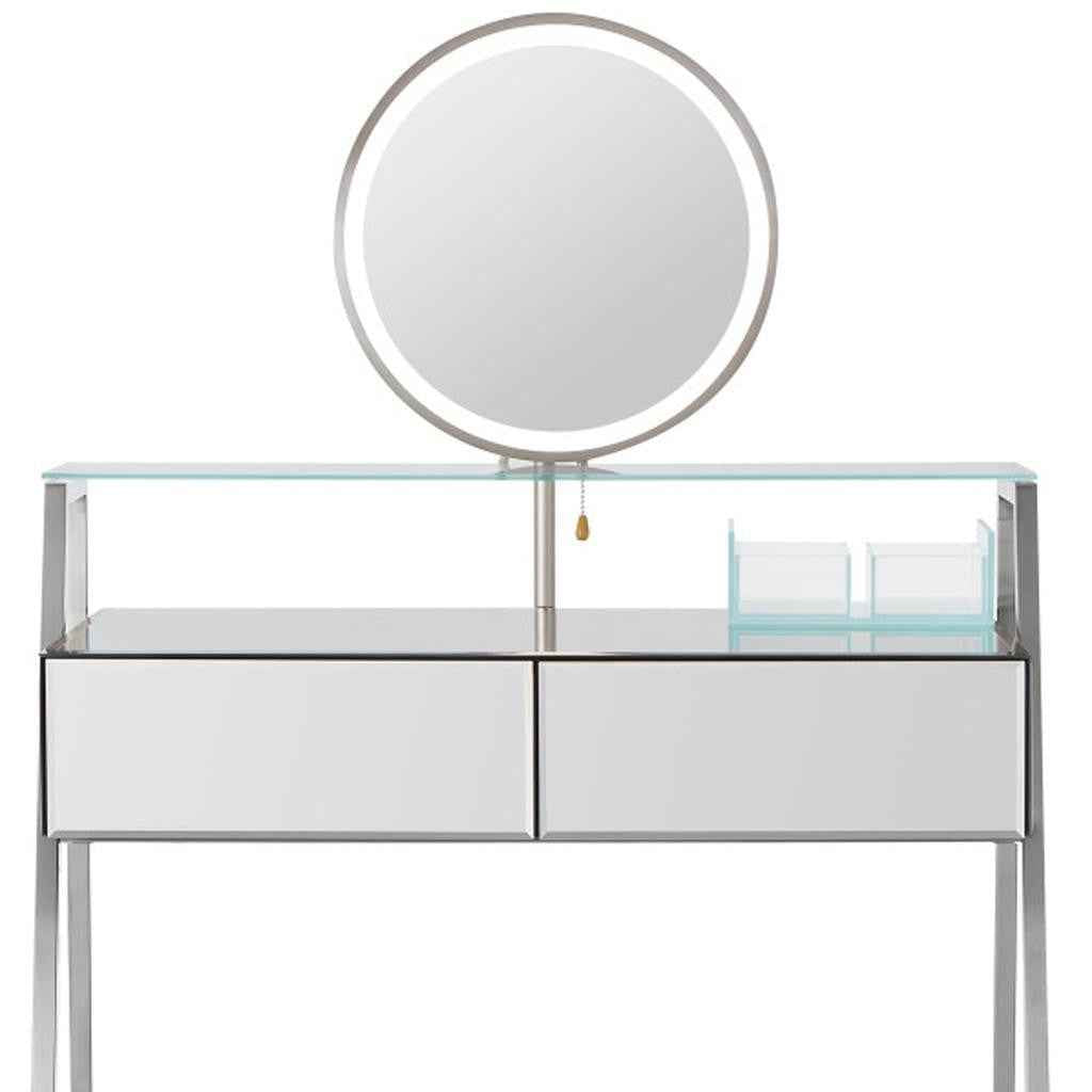 34" Silver Mirrored Glass and Stainless Steel Two Drawer Vanity Table With Mirror And Lights