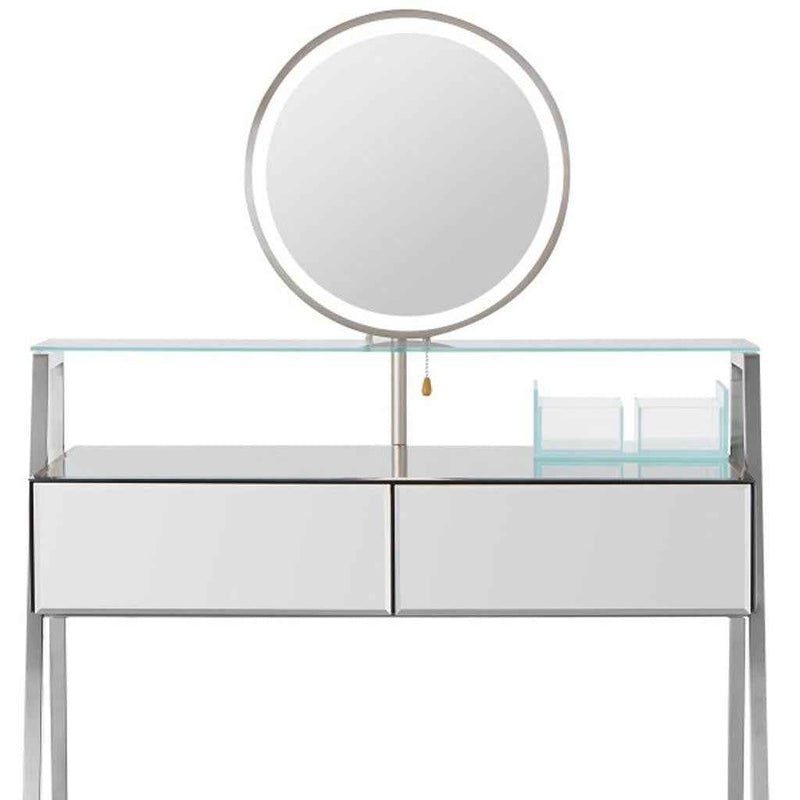 34" Silver Mirrored Glass and Stainless Steel Two Drawer Vanity Table With Mirror And Lights