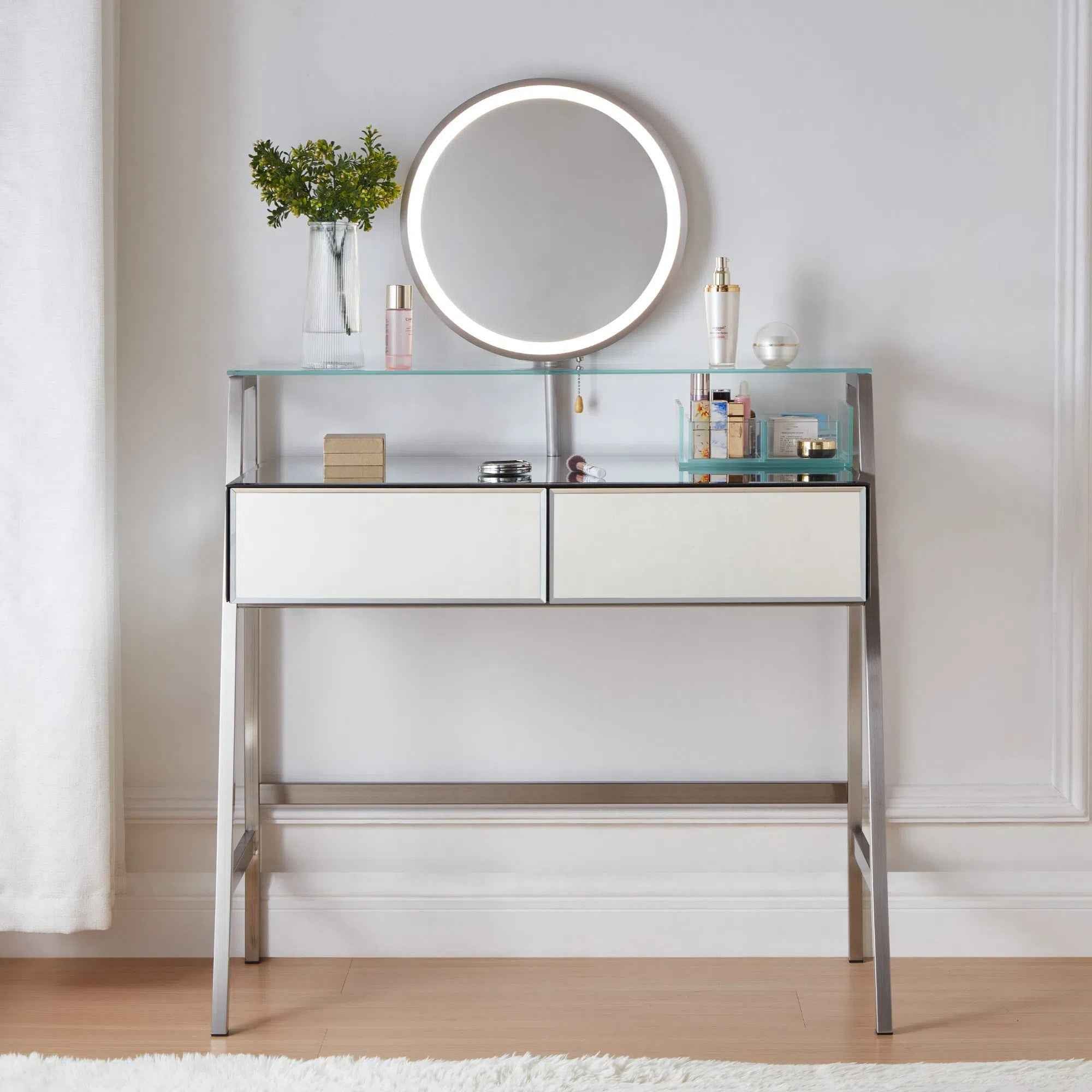 34" Silver Mirrored Glass and Stainless Steel Two Drawer Vanity Table With Mirror And Lights