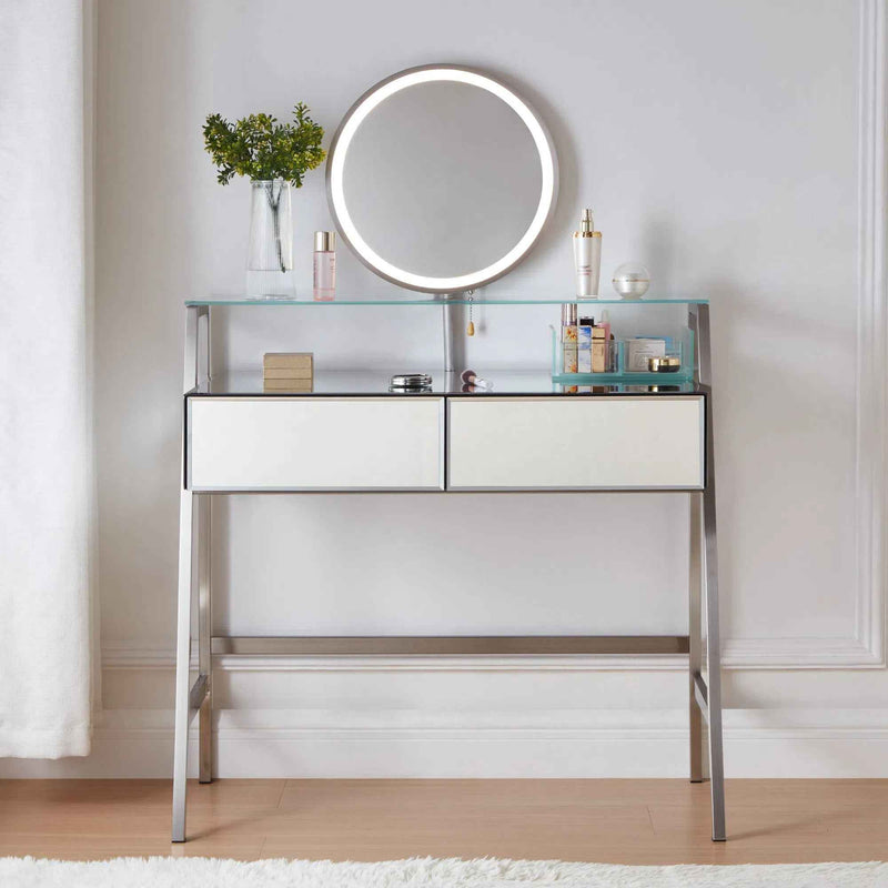 34" Silver Mirrored Glass and Stainless Steel Two Drawer Vanity Table With Mirror And Lights