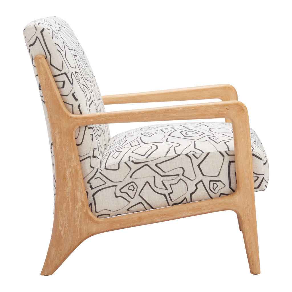 27" Beige and Natural Upholstered Geometric Arm Chair