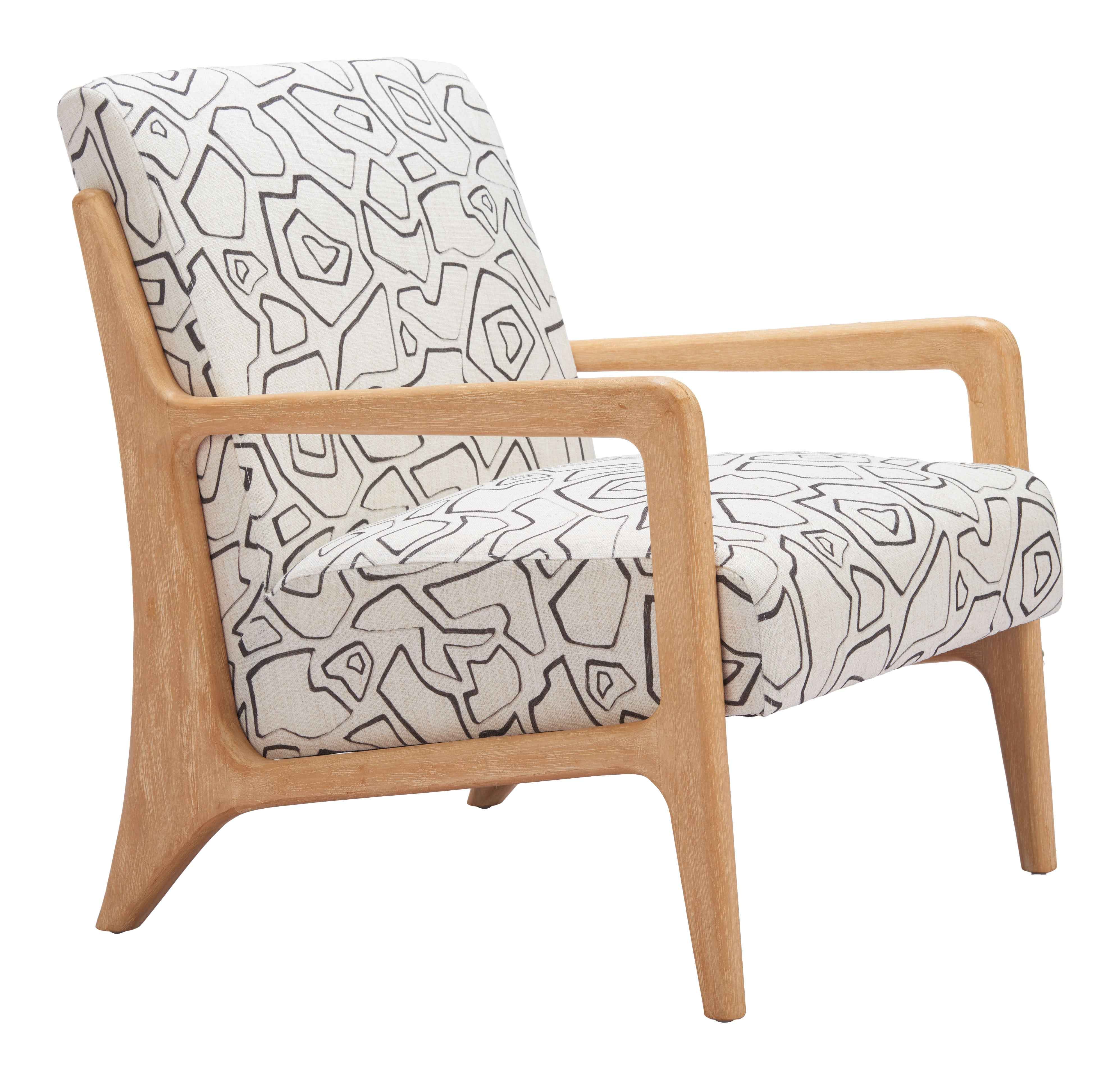 27" Beige and Natural Upholstered Geometric Arm Chair
