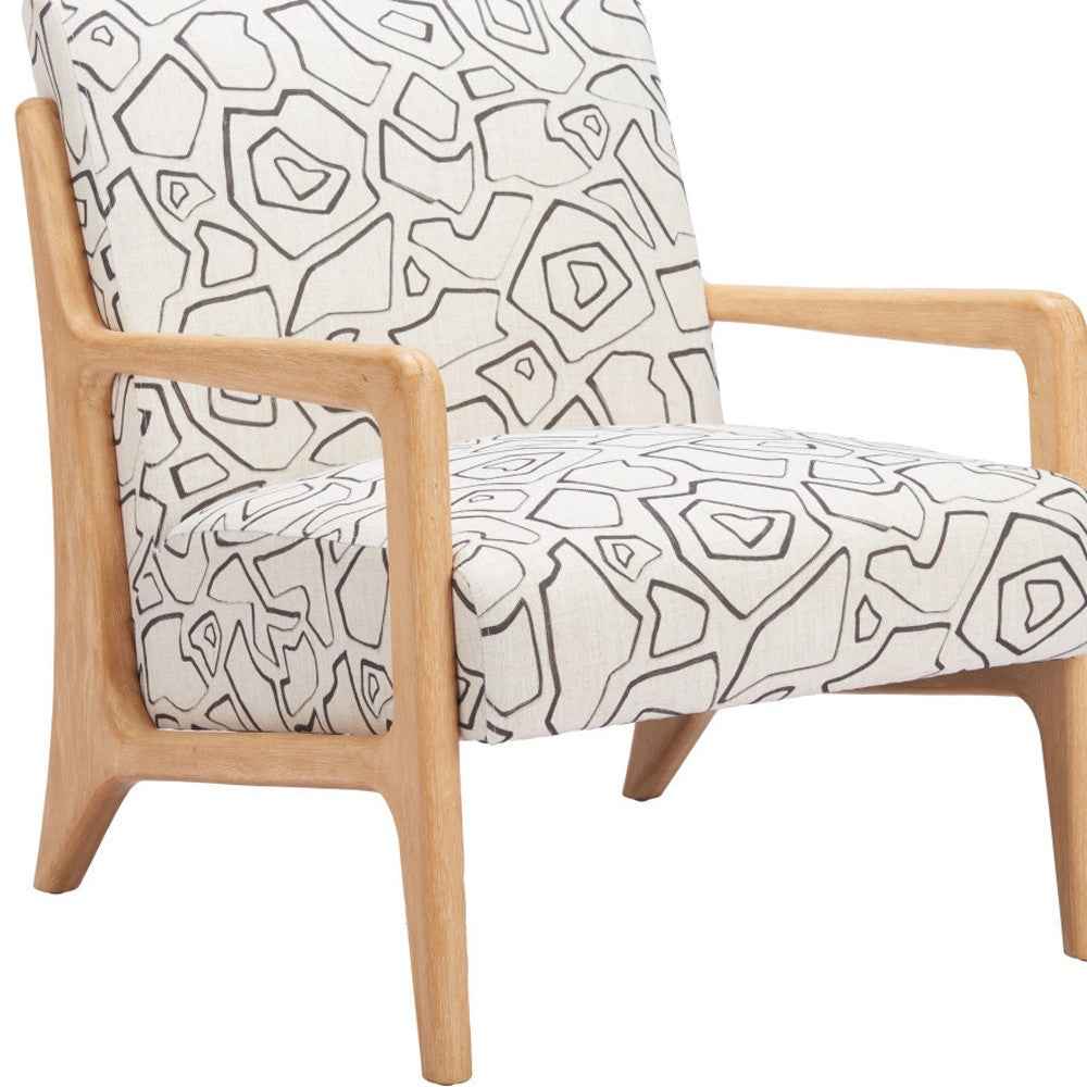 27" Beige and Natural Upholstered Geometric Arm Chair