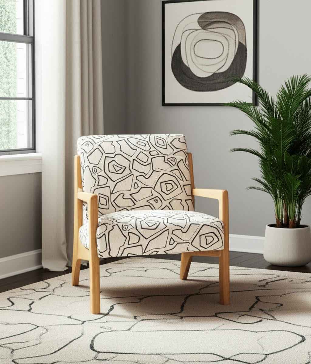 27" Beige and Natural Upholstered Geometric Arm Chair