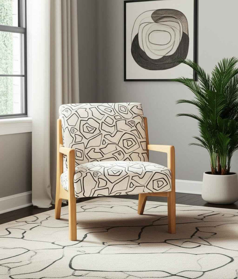 27" Beige and Natural Upholstered Geometric Arm Chair