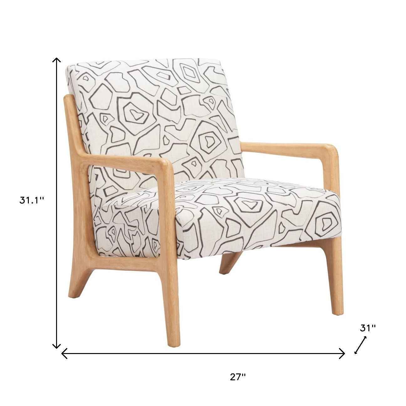 27" Beige and Natural Upholstered Geometric Arm Chair