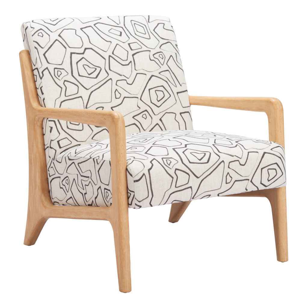 27" Beige and Natural Upholstered Geometric Arm Chair