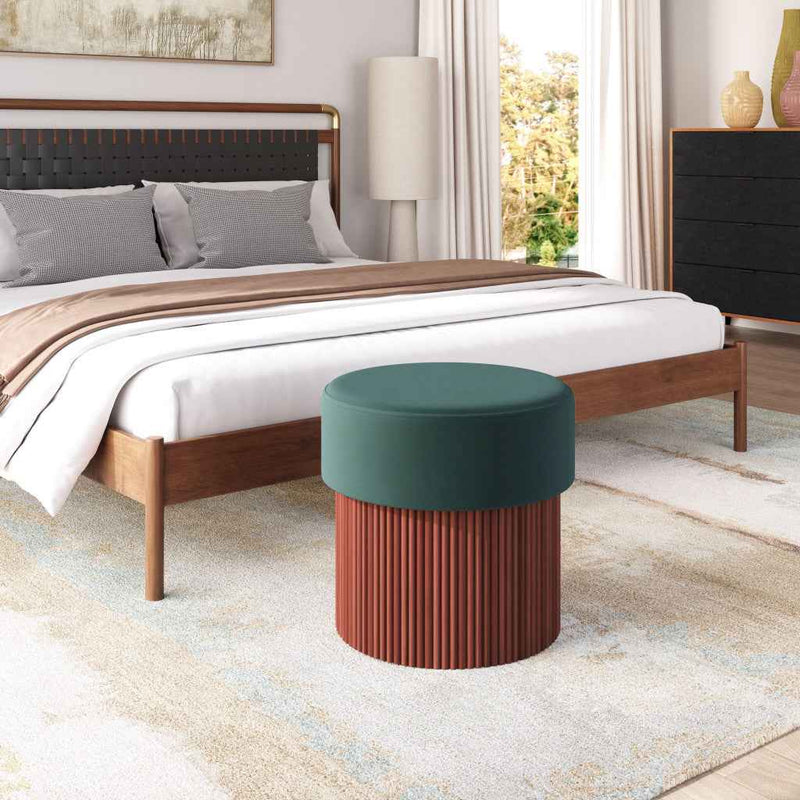 20" Green and Brown Fabric Round Ottoman