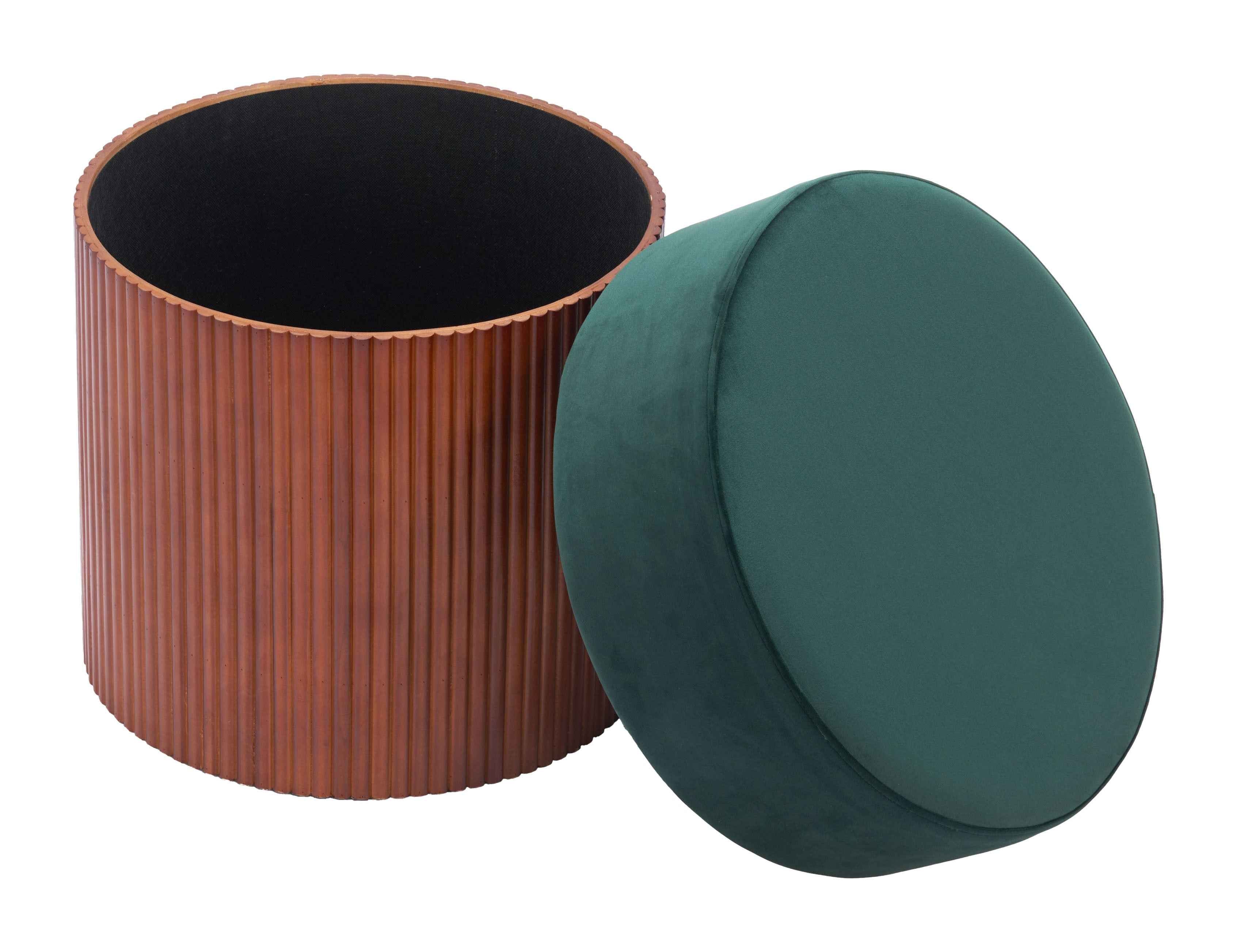 20" Green and Brown Fabric Round Ottoman