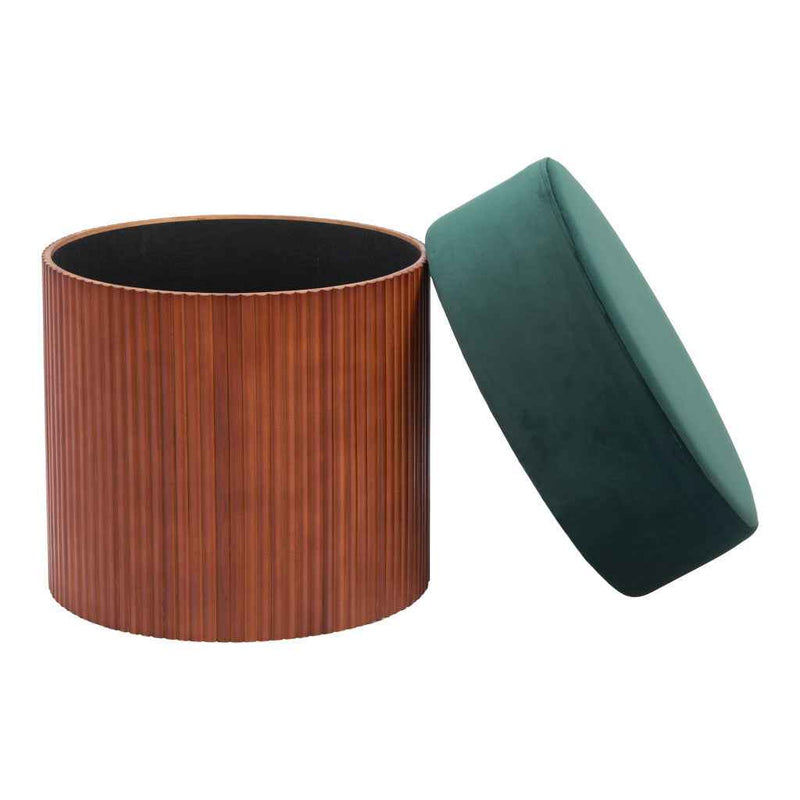 20" Green and Brown Fabric Round Ottoman