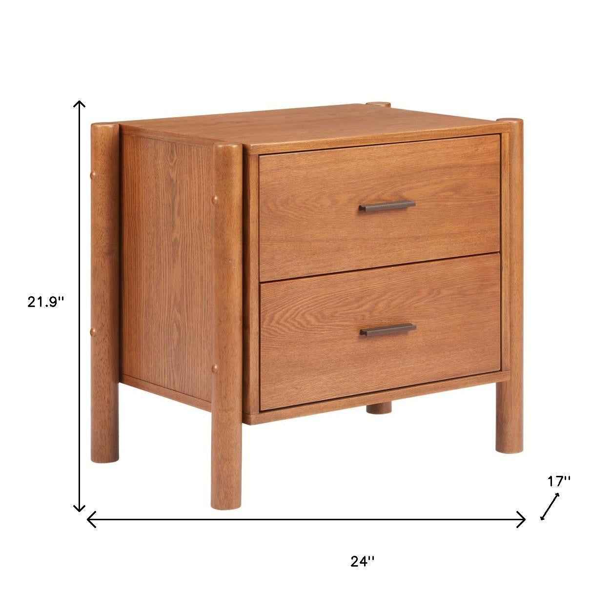 22" Brown Solid Wood Pedestal End Table With Two Drawers