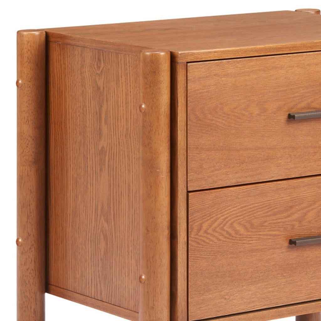 22" Brown Solid Wood Pedestal End Table With Two Drawers