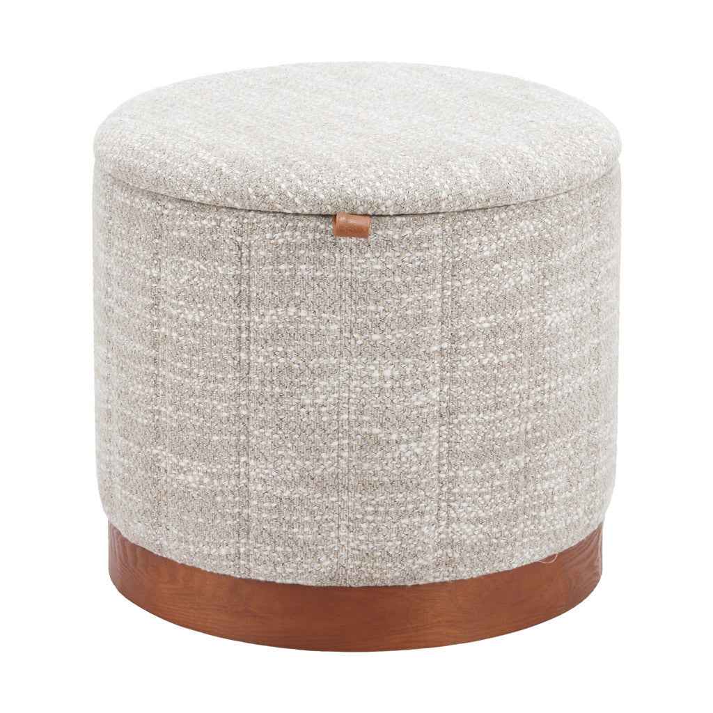 21" Gray and Brown Fabric Round Ottoman With Storage