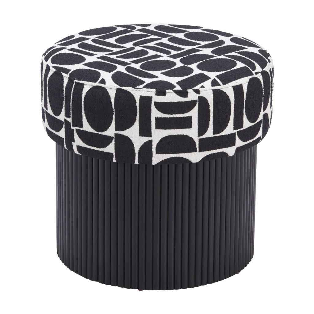 20" White and Black Fabric Round Ottoman