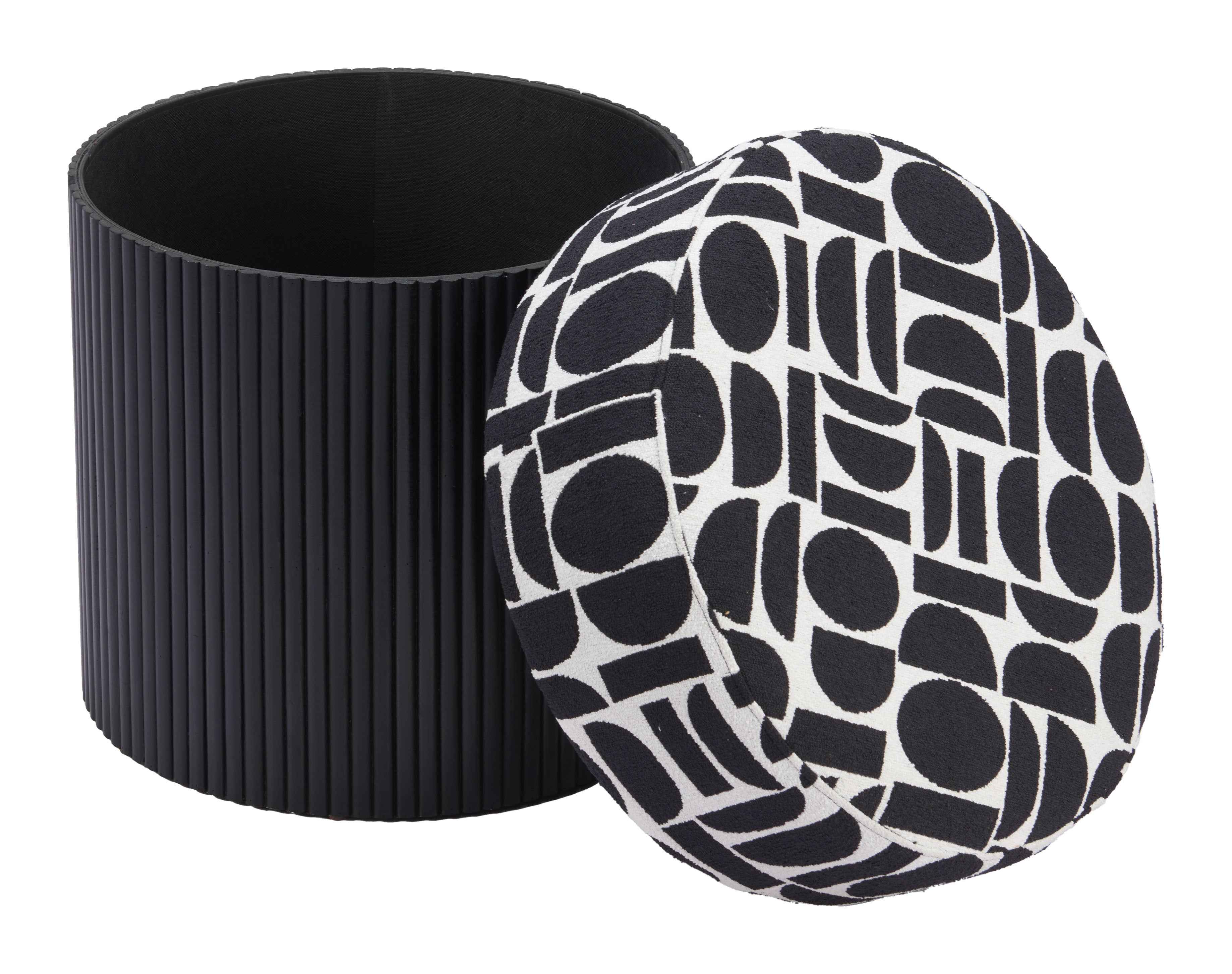 20" White and Black Fabric Round Ottoman