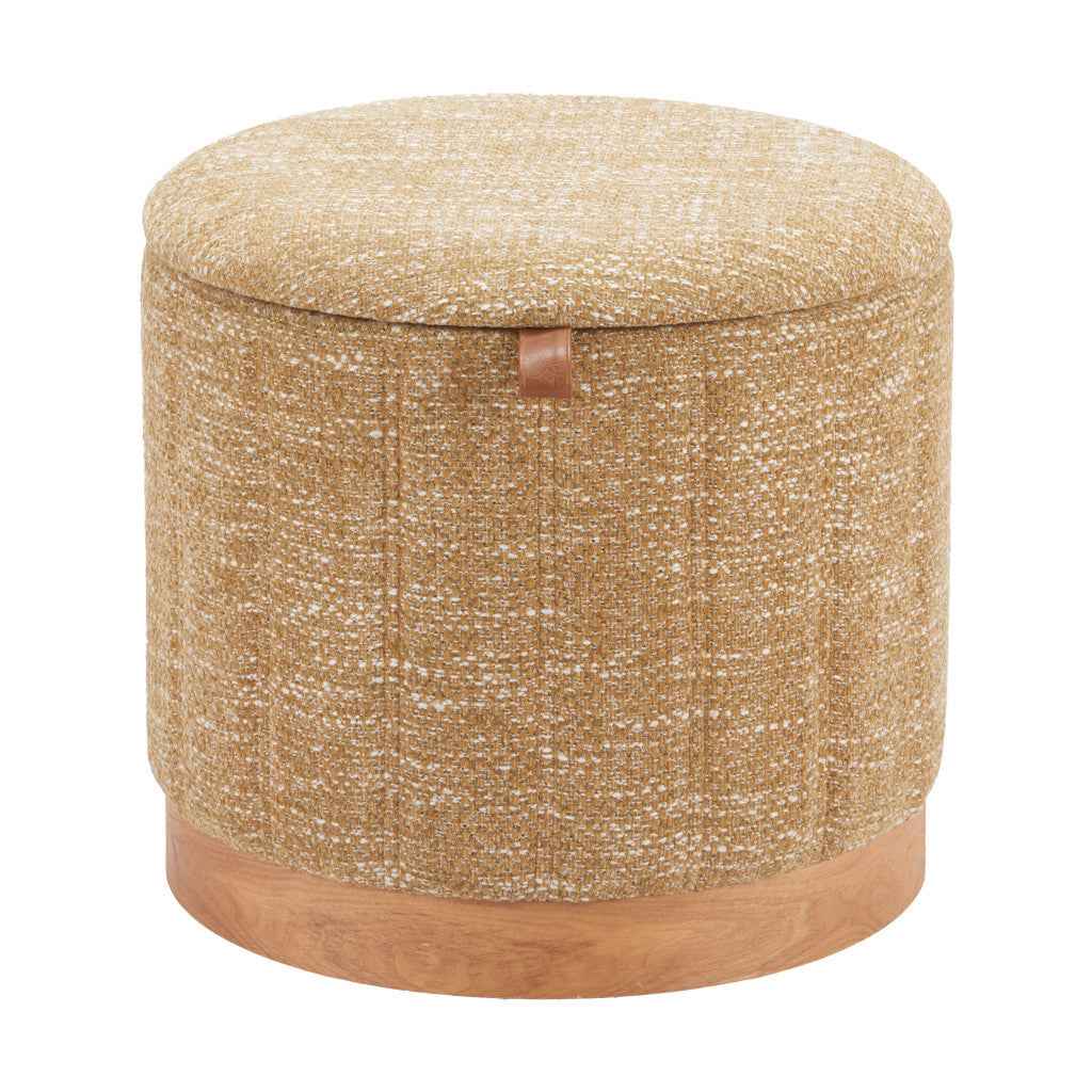 21" Yellow and Natural Fabric Round Ottoman With Storage