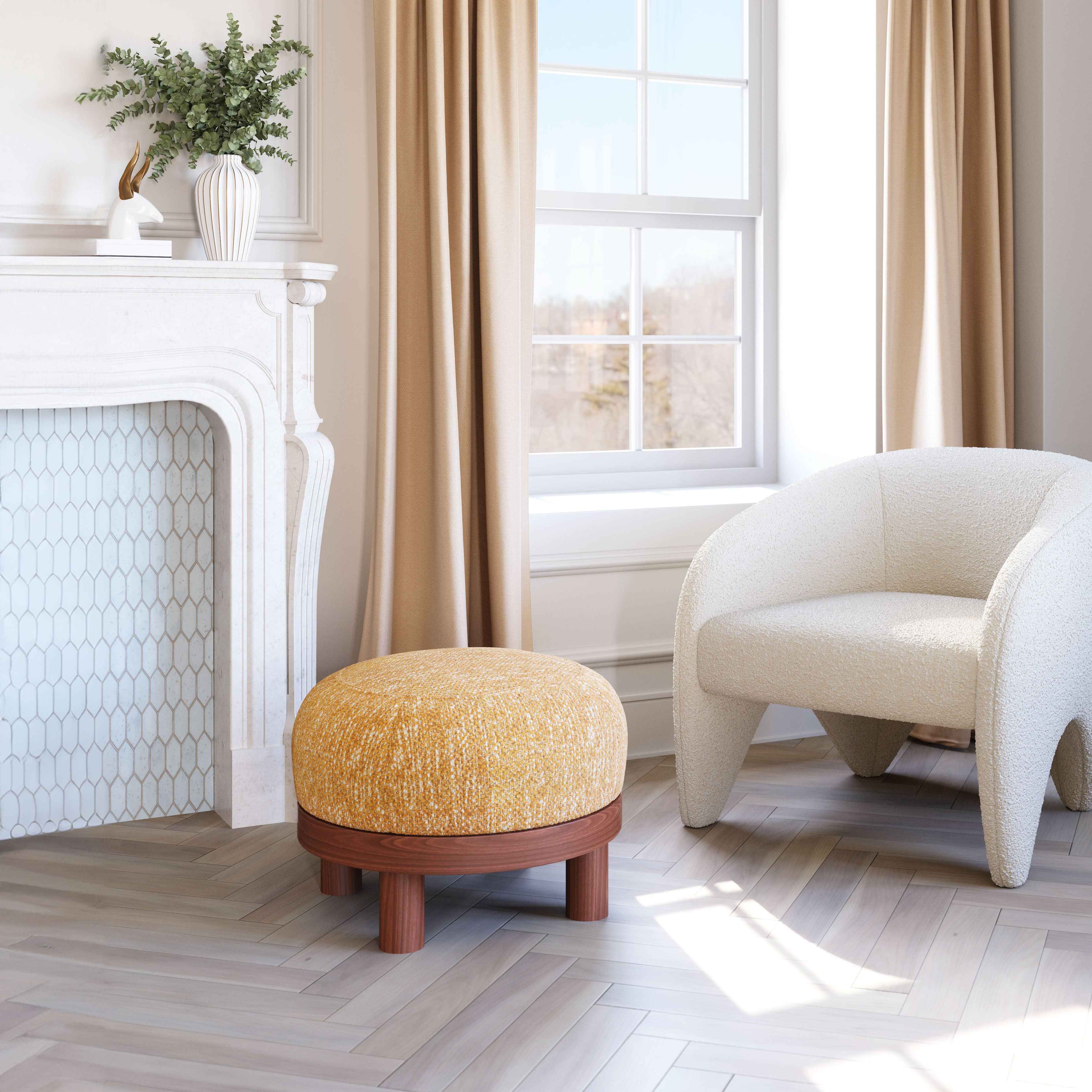 23" Yellow and Brown Fabric Ottoman