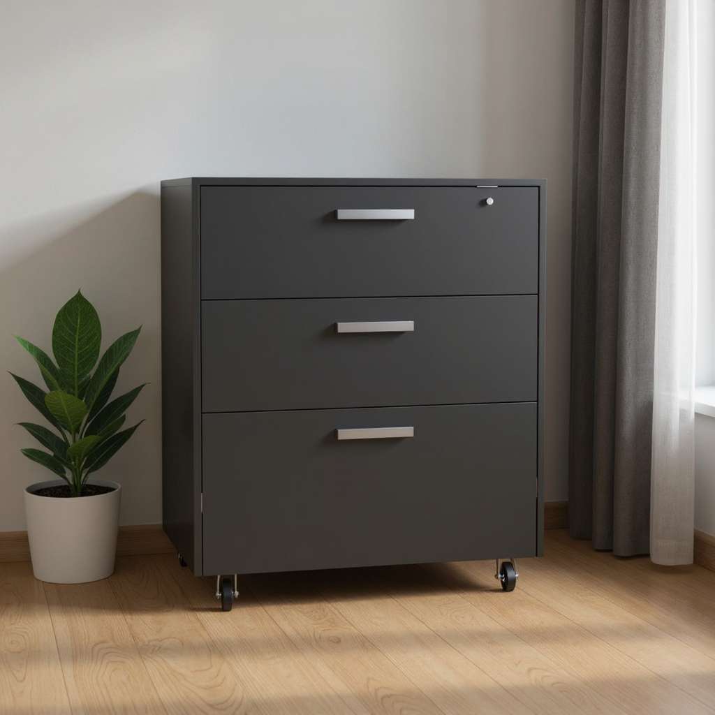 35" Black Wood Three Drawers Filing Cabinet - Office