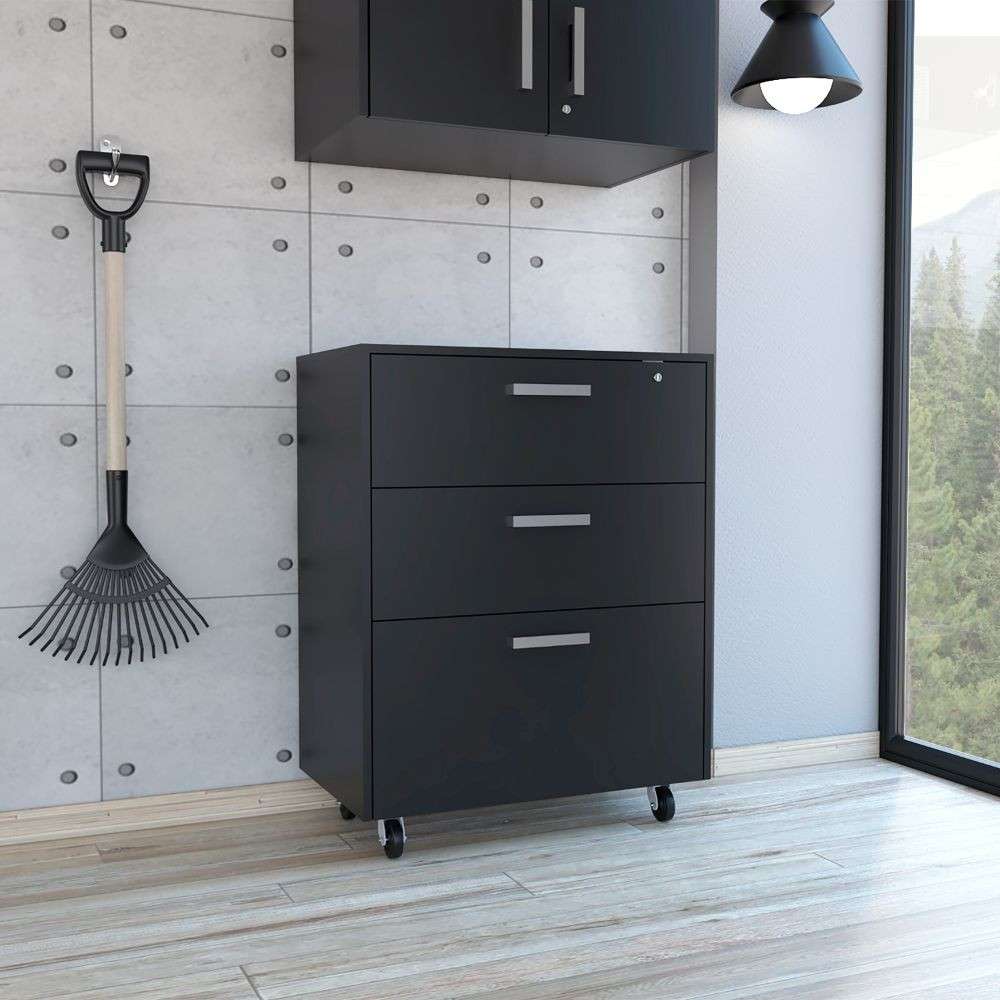 35" Black Wood Three Drawers Filing Cabinet - Office