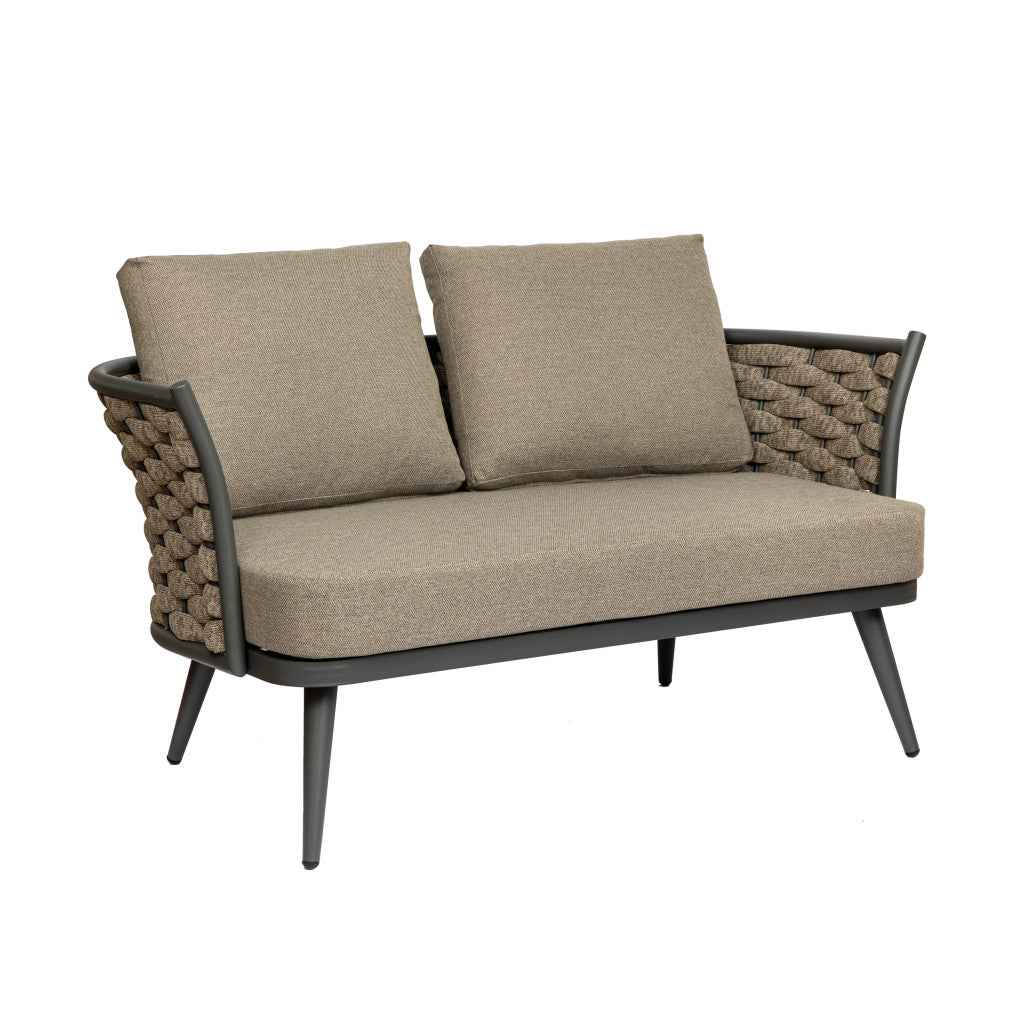 56" Dark Gray Aluminum Outdoor Love Seat with Taupe Cushions