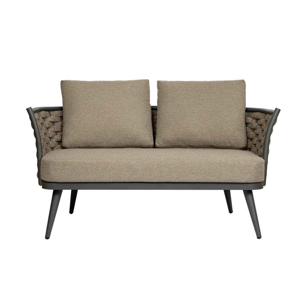 56" Dark Gray Aluminum Outdoor Love Seat with Taupe Cushions
