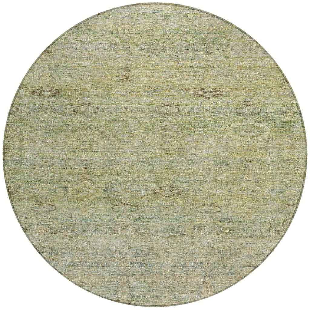 8' Green And Gold Round Oriental Washable Indoor Outdoor Area Rug