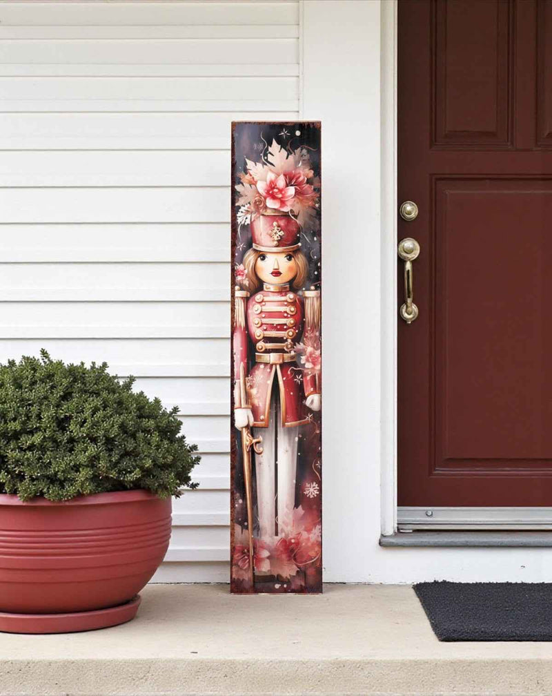 48" Pink And White Christmas Female Nutcracker Solid Wood Porch Sign